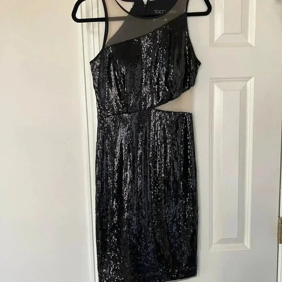 NWT TOCCIN NY Black Sequin Cutout Mesh Sleeveless Mini Cocktail Dress (4) - Picture 2 of 8